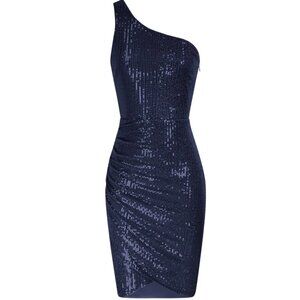 Grace Karin Navy Blue Sequin Dress. Medium. 1-Shoulder. Knee length. Ruched.